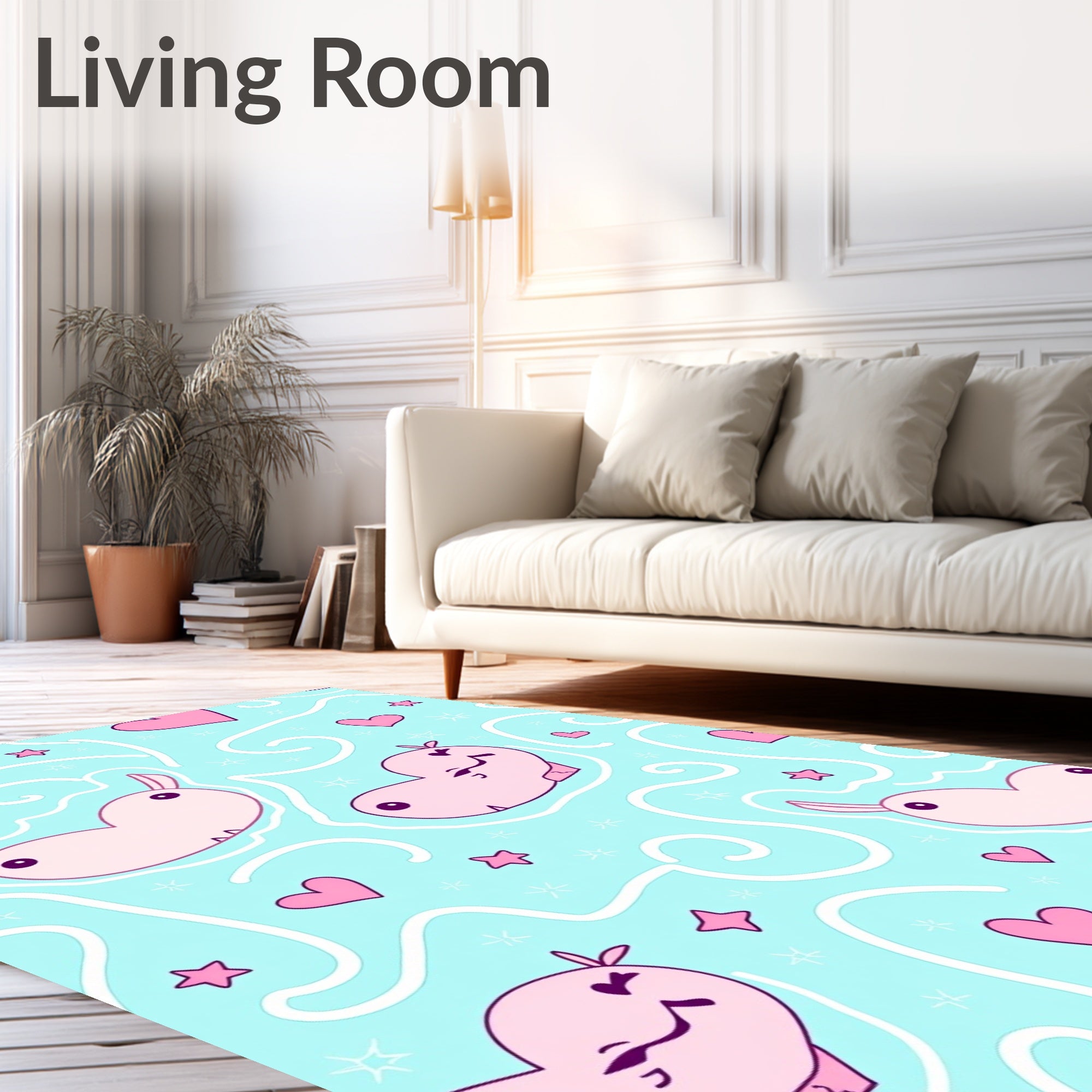 Whimsical Pink Hippo Hearts Stars Rug