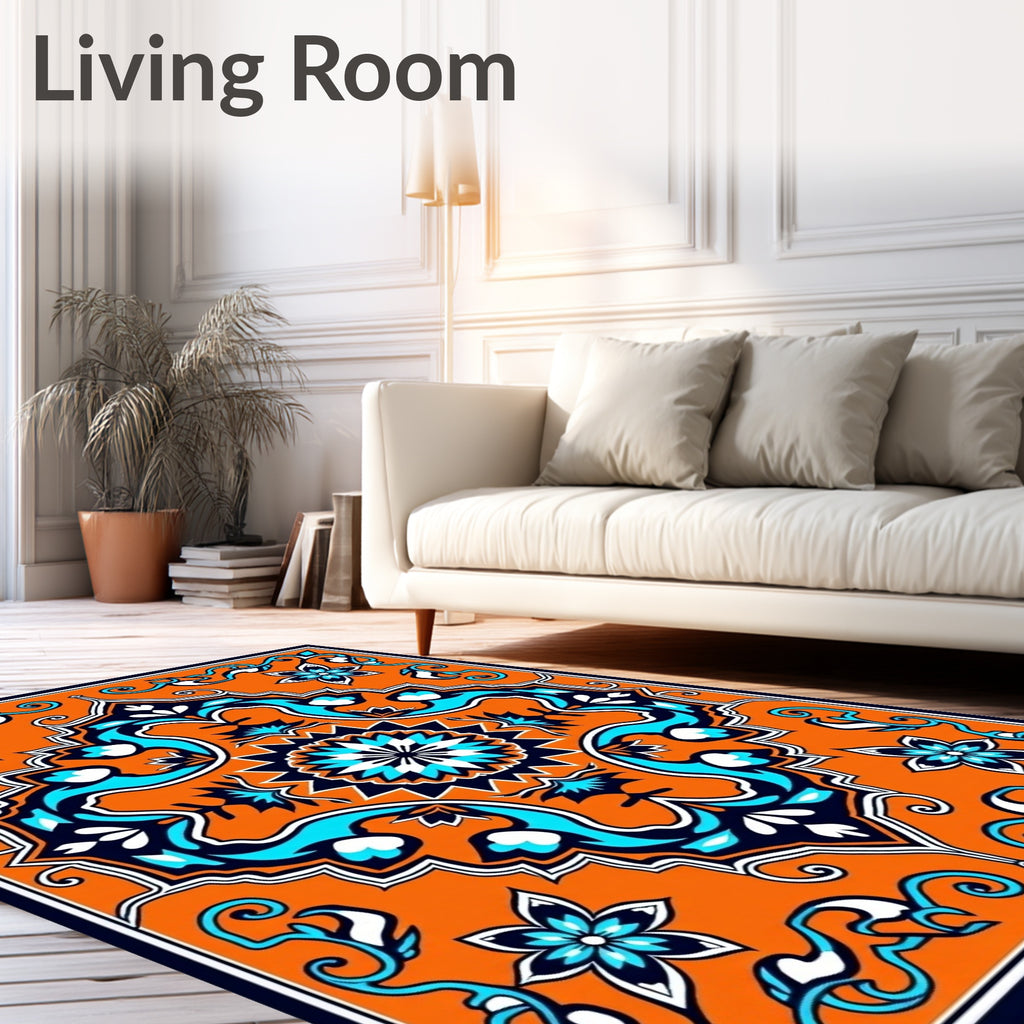 Vibrant Orange Blue White Floral Medallion Rug