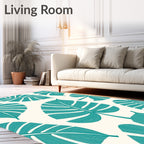 Teal Monstera Leaf Textured Ivory Rug