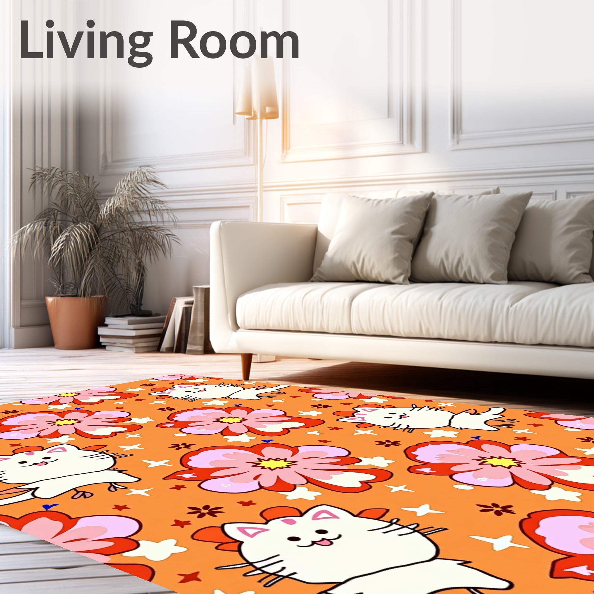 Groovy Orange Floral Cats Stars Rug