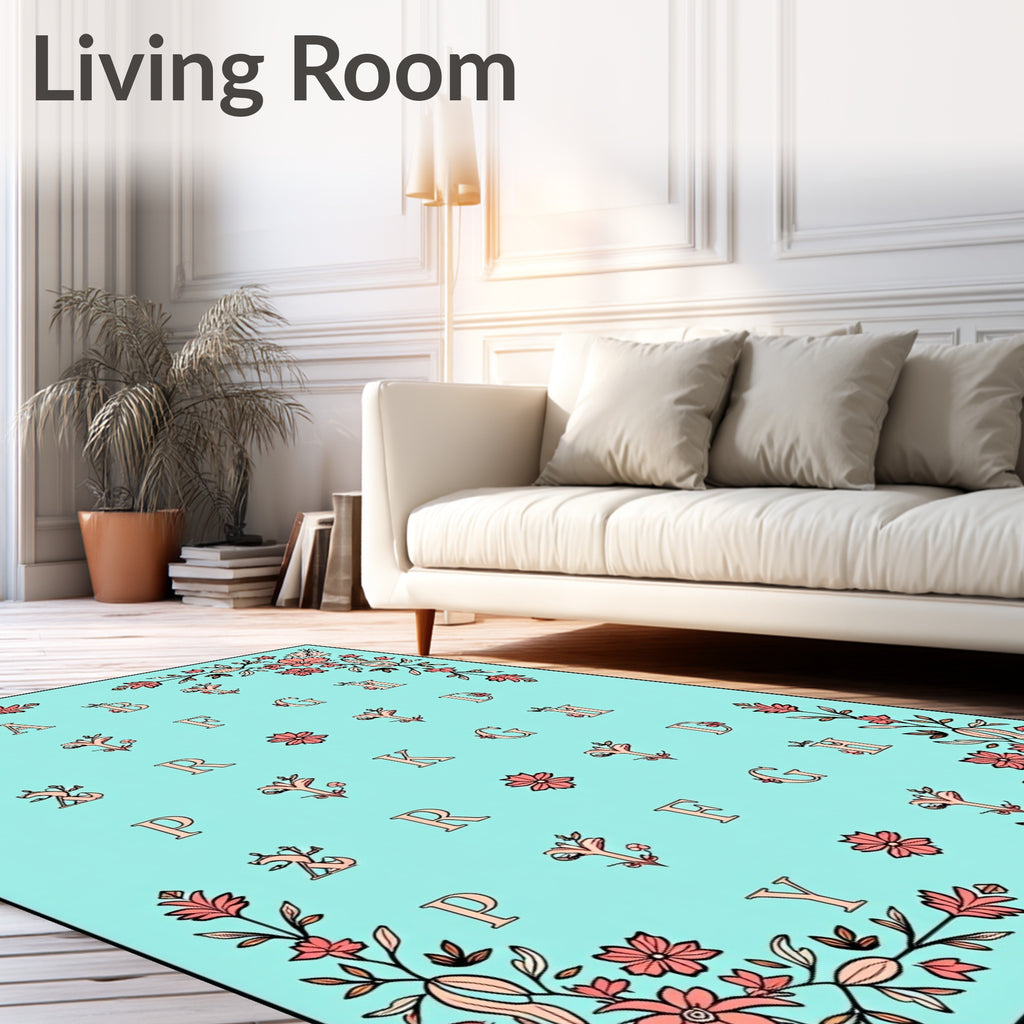 Teal Floral Alphabet Border Rug