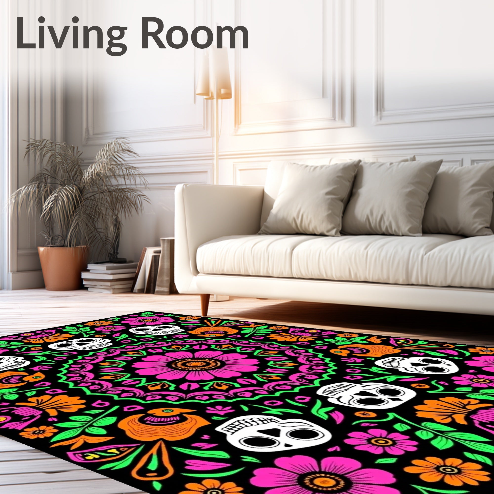 Vivid Skull Floral Mandala Garden Rug