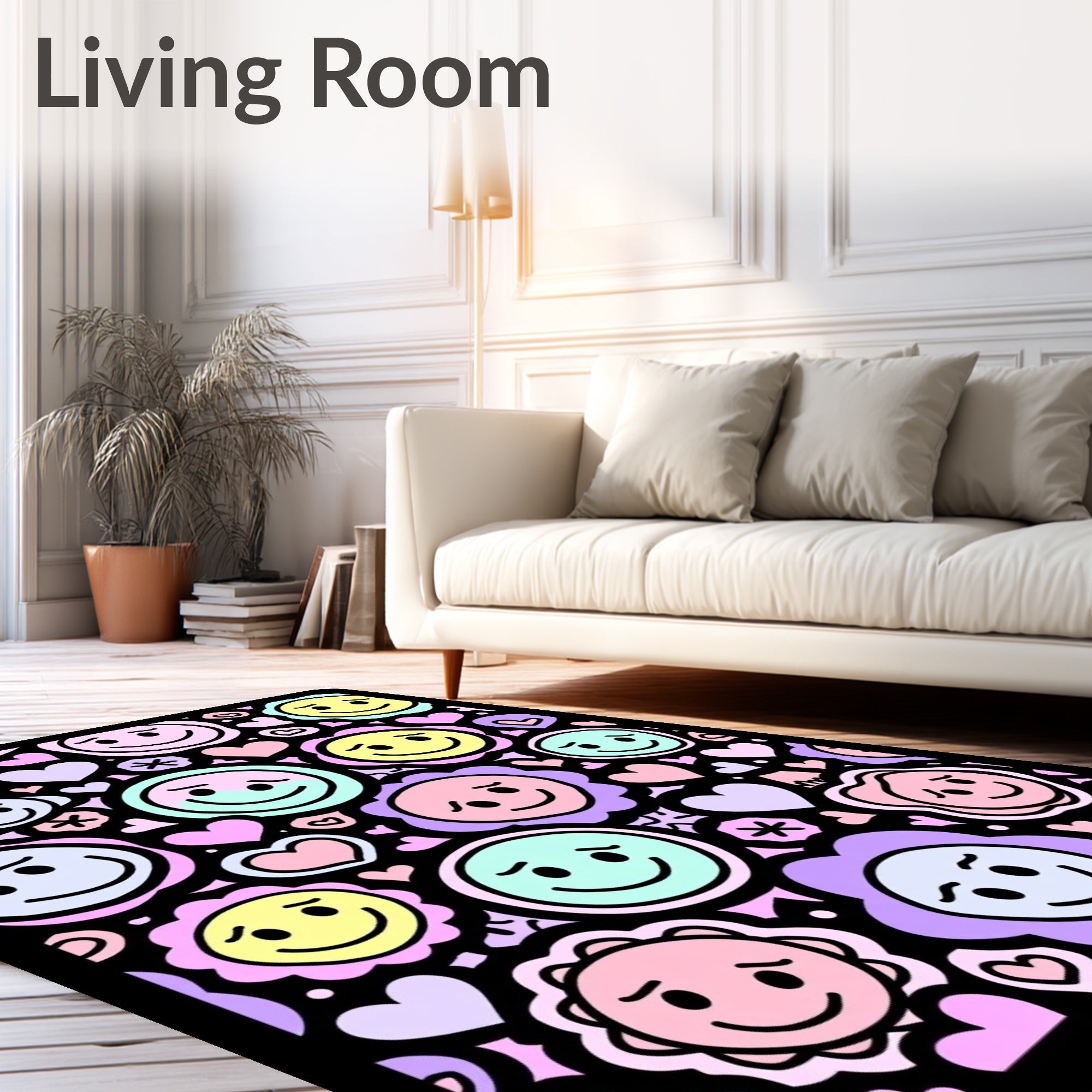 Whimsical Smiley Hearts and Flowers Rug