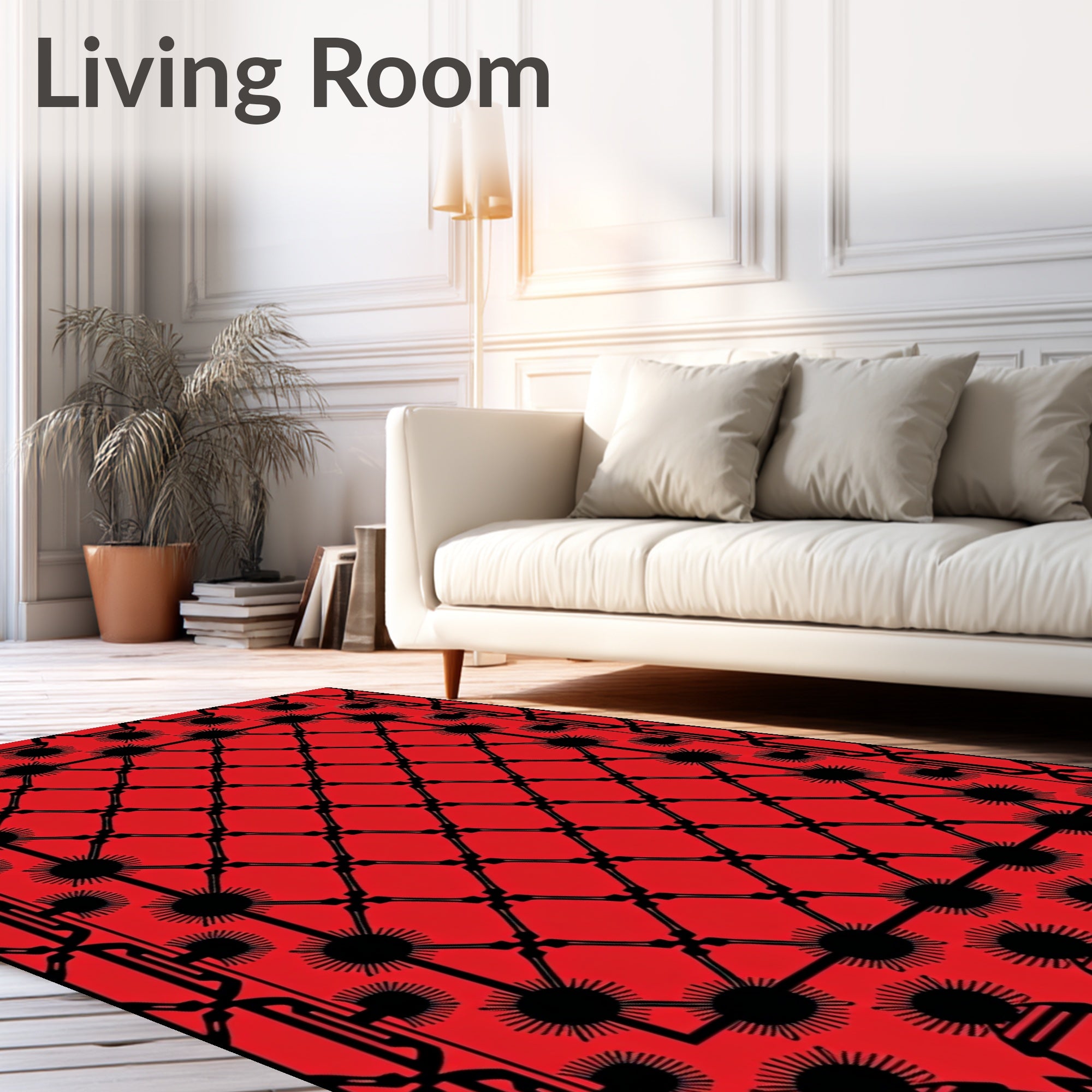 Crimson Black Sunburst Geometric Lattice Rug