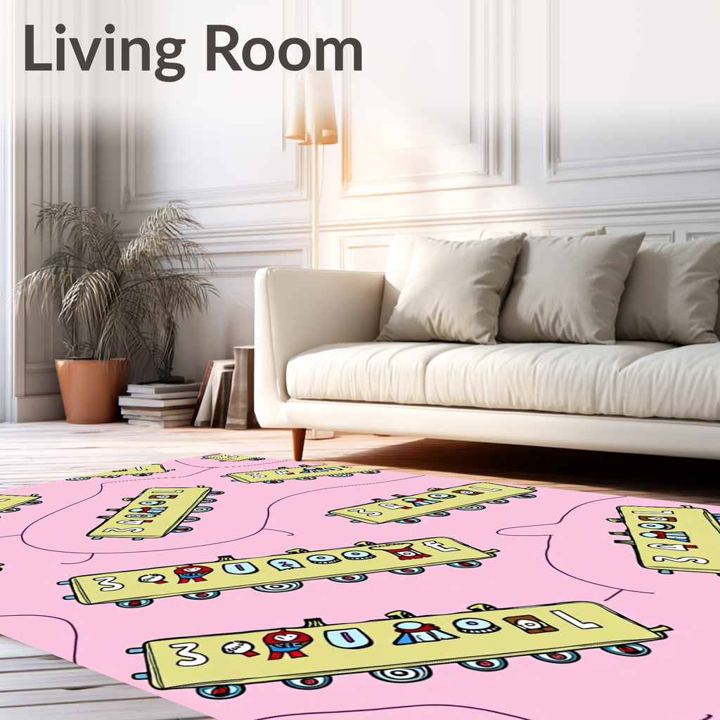 Whimsical Yellow Train Cars Pink Background Rug