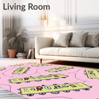 Whimsical Yellow Train Cars Pink Background Rug