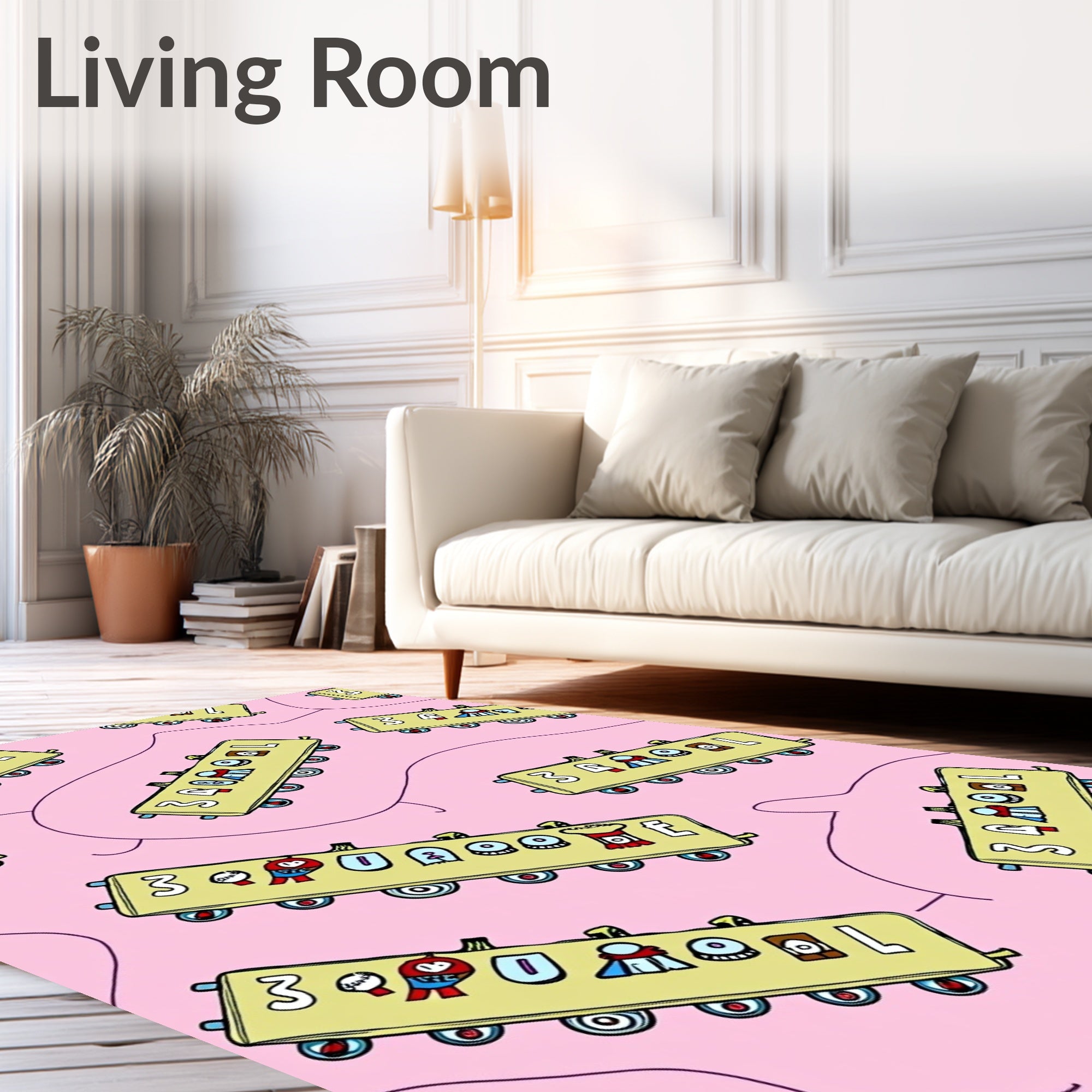 Whimsical Yellow Train Cars Pink Background Rug