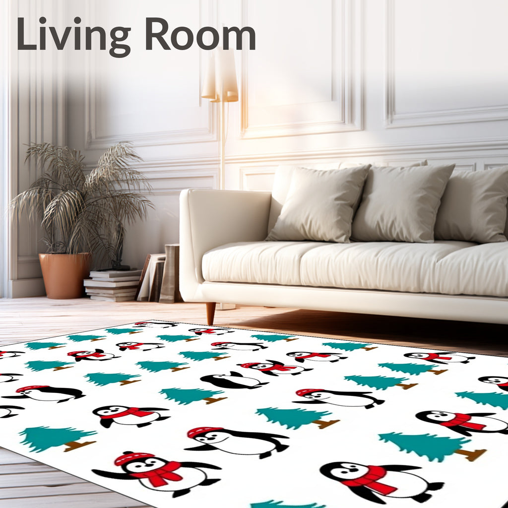 Penguin Friends Red Scarf Christmas Trees Rug