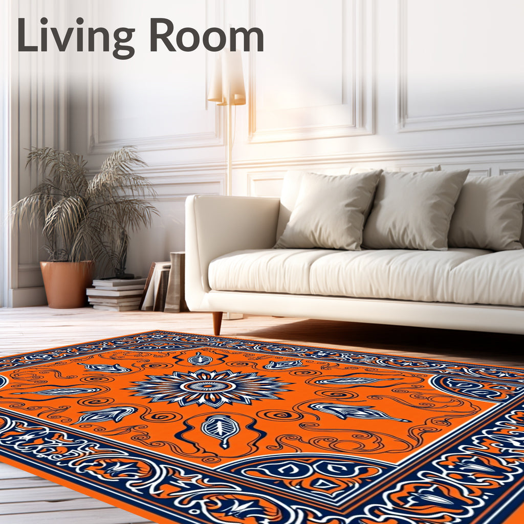 Vibrant Orange Navy Floral Border Rug