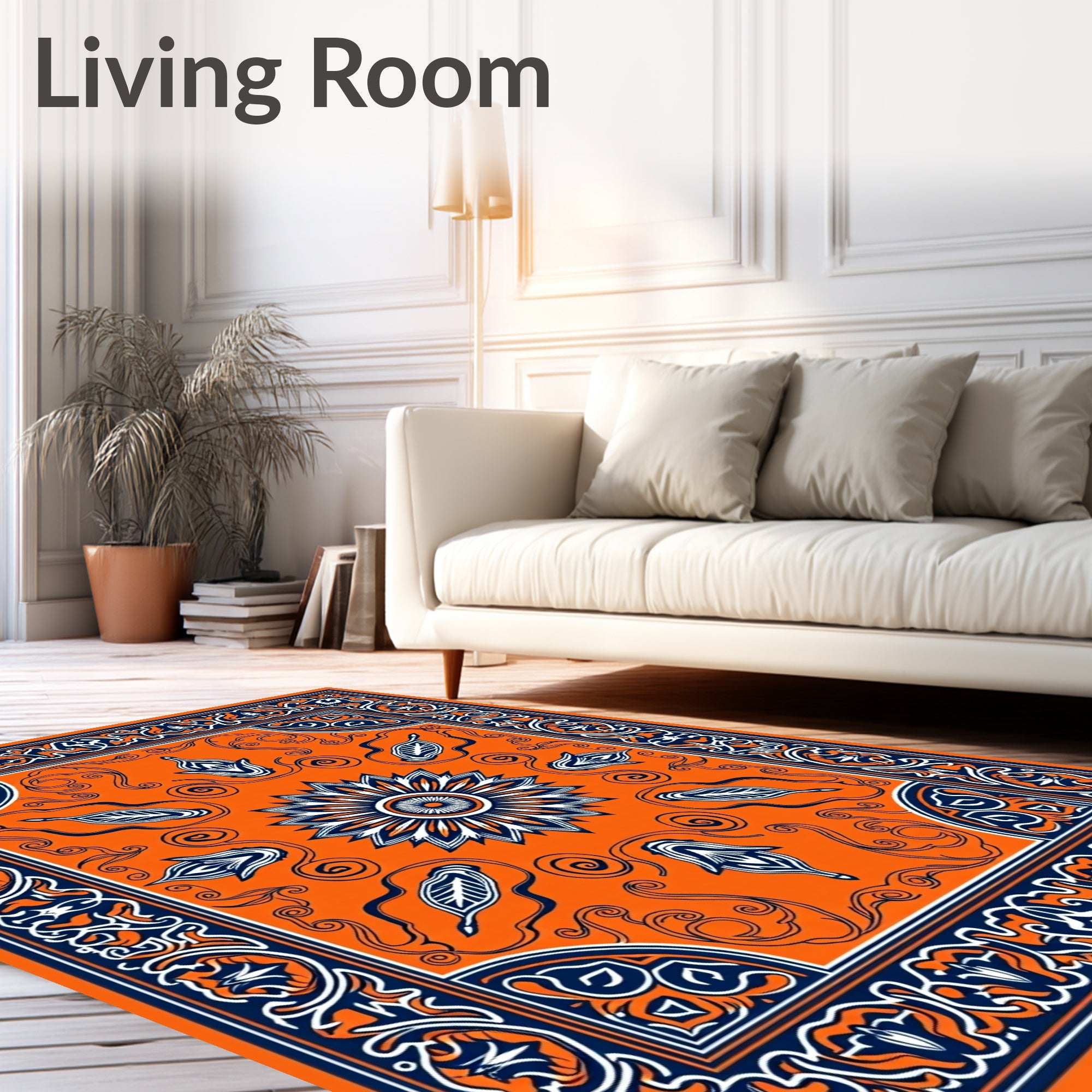 Vibrant Orange Navy Floral Border Rug