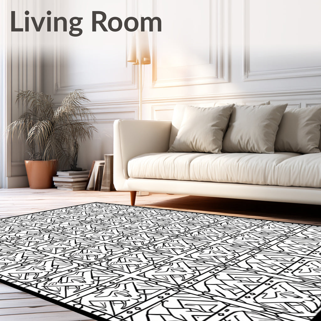 Modern Black White Geometric Grid Rug