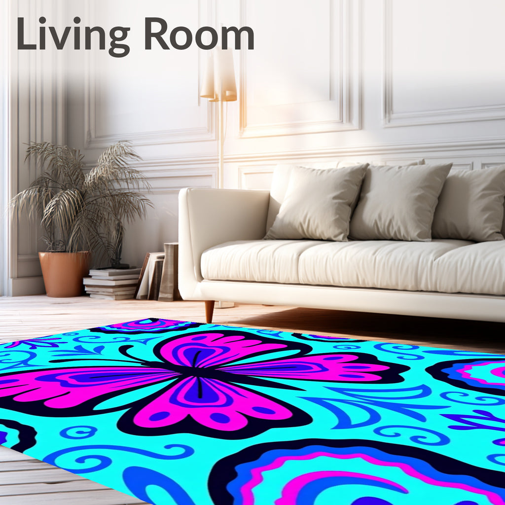 Vibrant Pink Blue Butterfly Swirl Rug