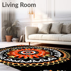 Vibrant Orange Black Mandala Medallion Rug
