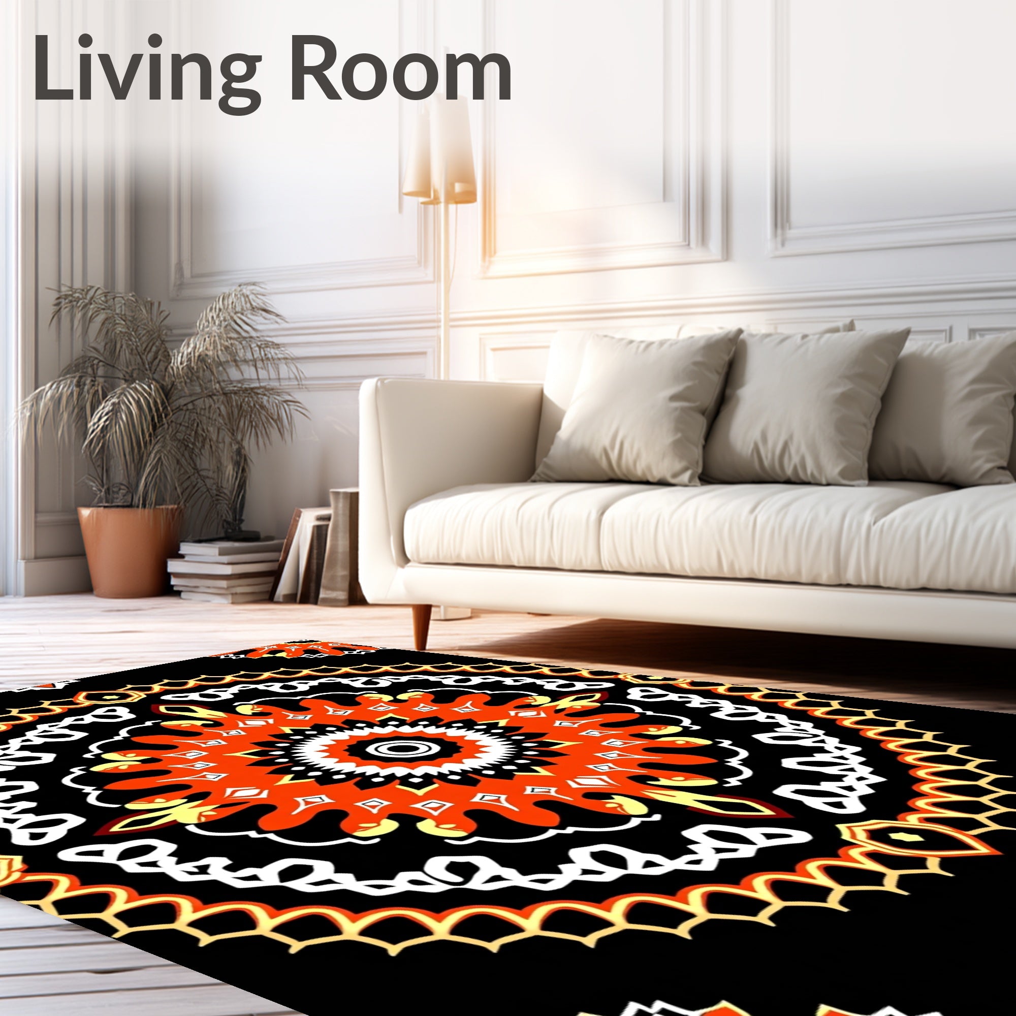 Vibrant Orange Black Mandala Medallion Rug