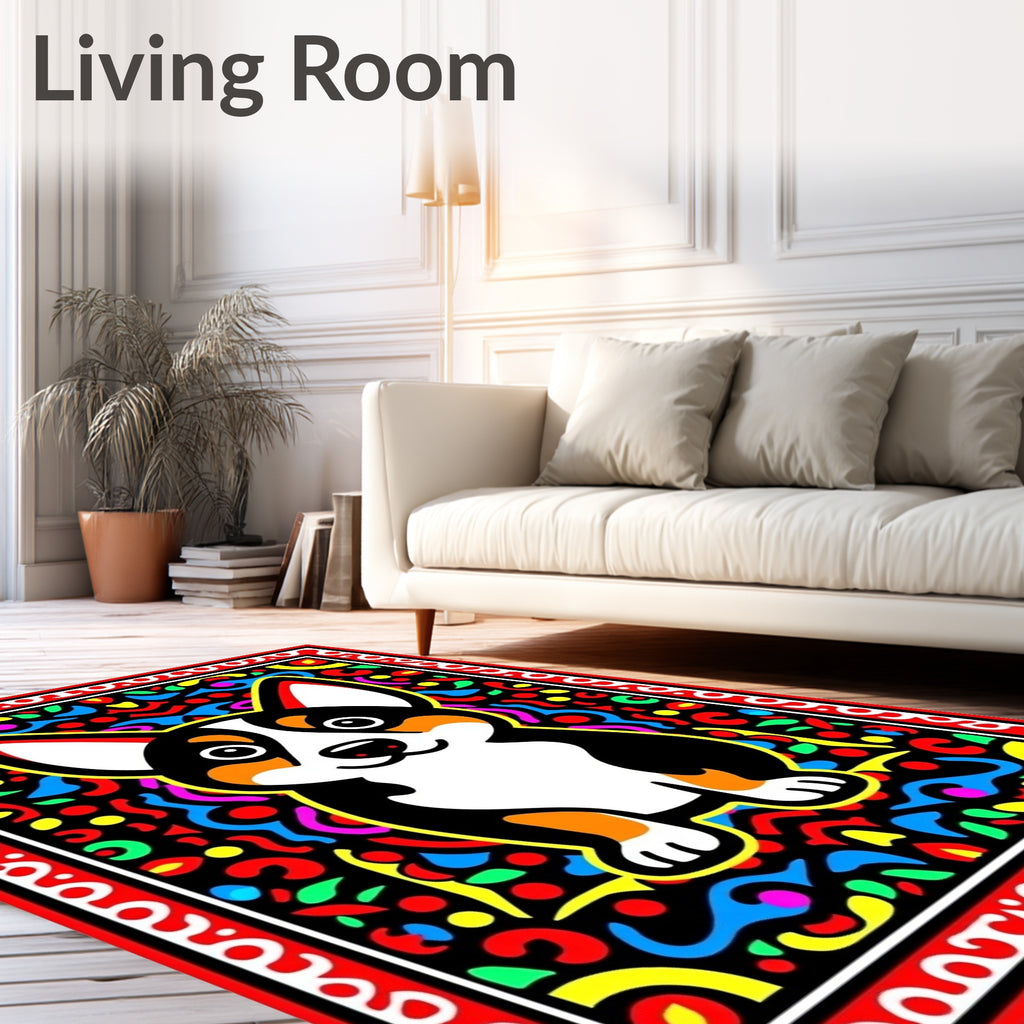 Vibrant Corgi Black Geometric Border Rug