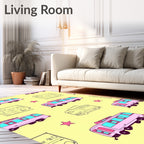 Pink Retro Camper Stars Yellow Background Rug