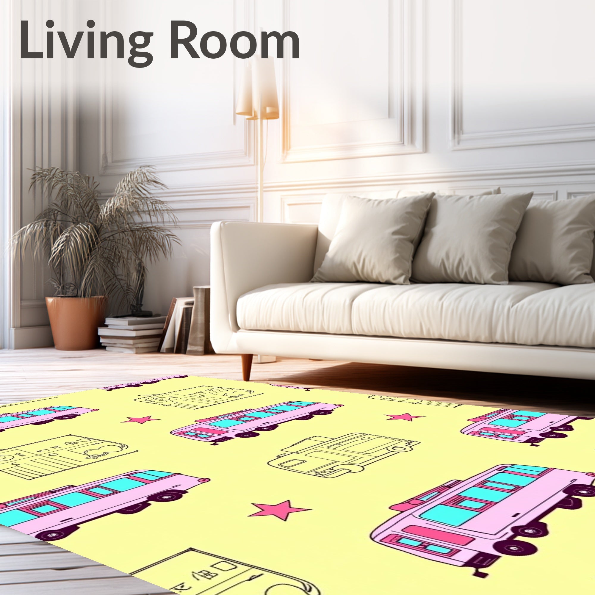 Pink Retro Camper Stars Yellow Background Rug