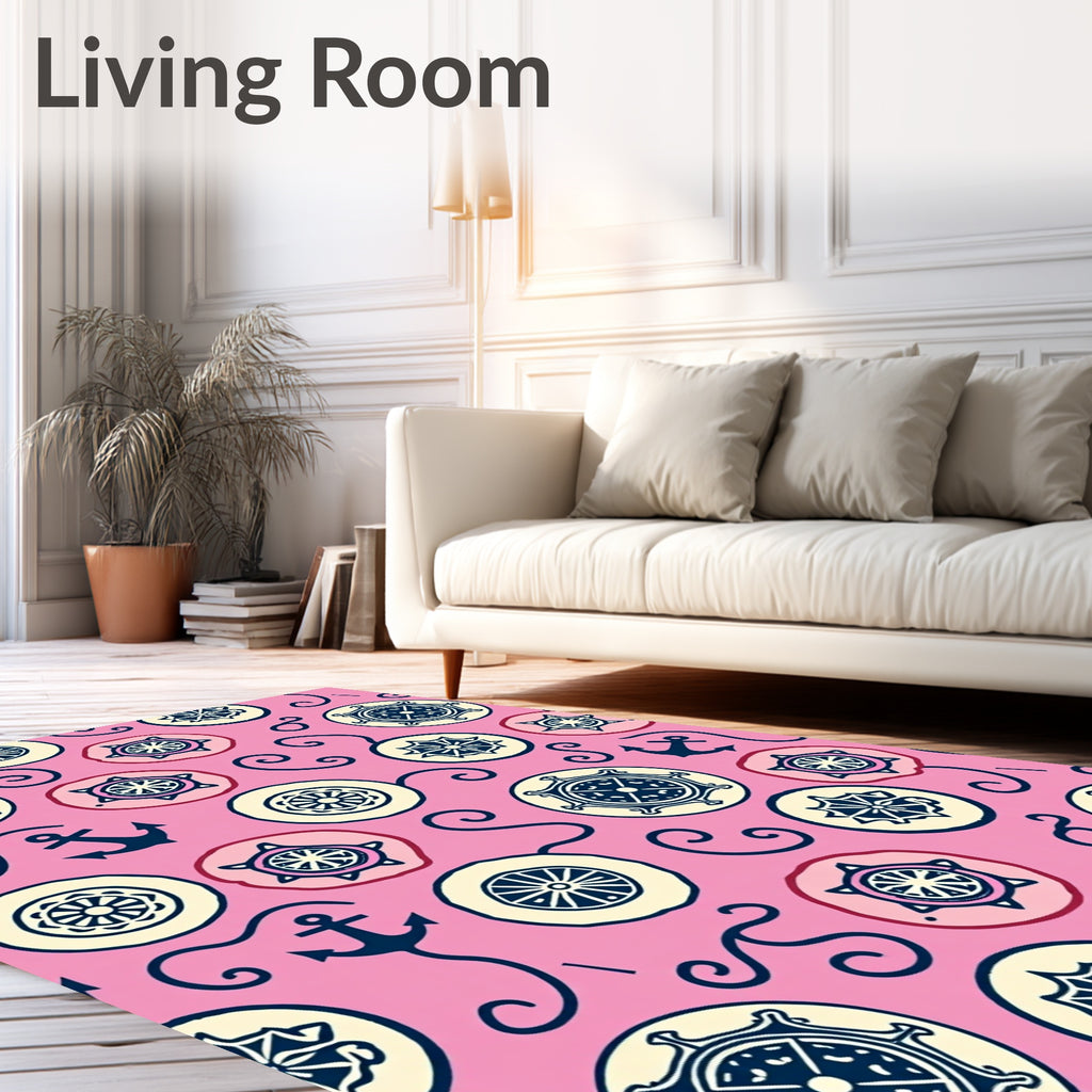 Nautical Pink Ships Wheel Anchor Swirl Rug