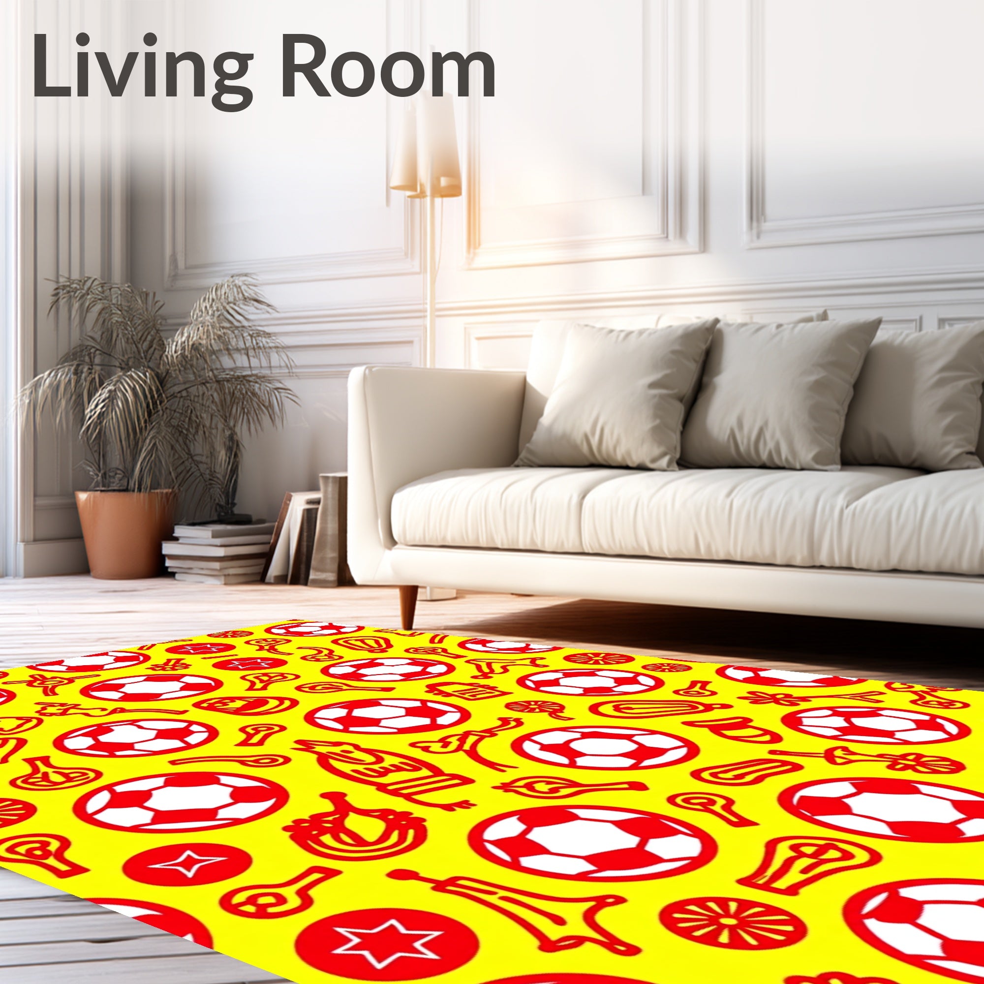 Red Soccer Balls Festive Yellow Repeat Rug