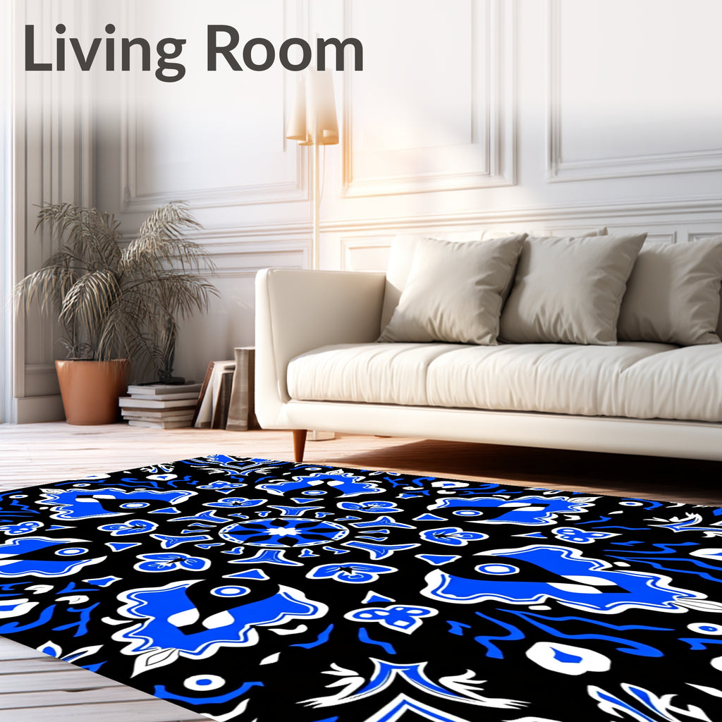 Royal Blue Black Stylized Floral Medallion Rug