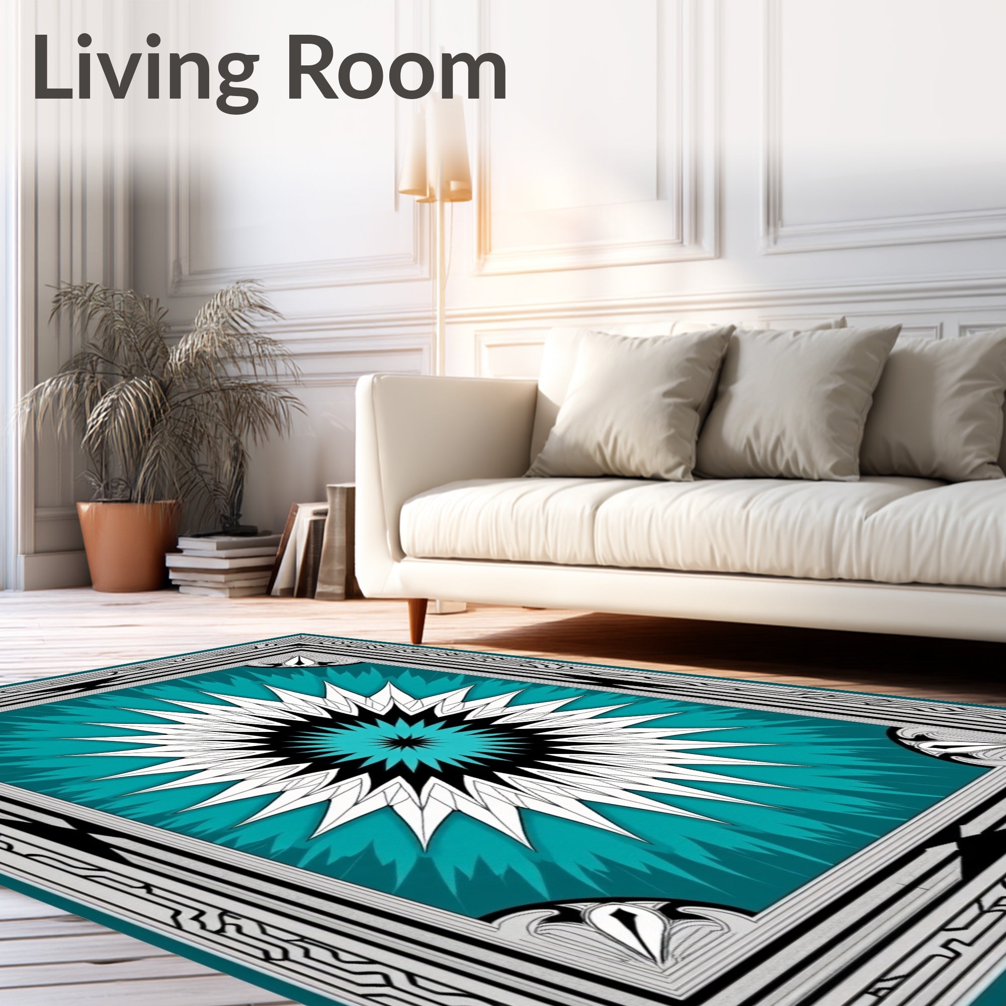 Radiant Teal Abstract Starburst Border Rug