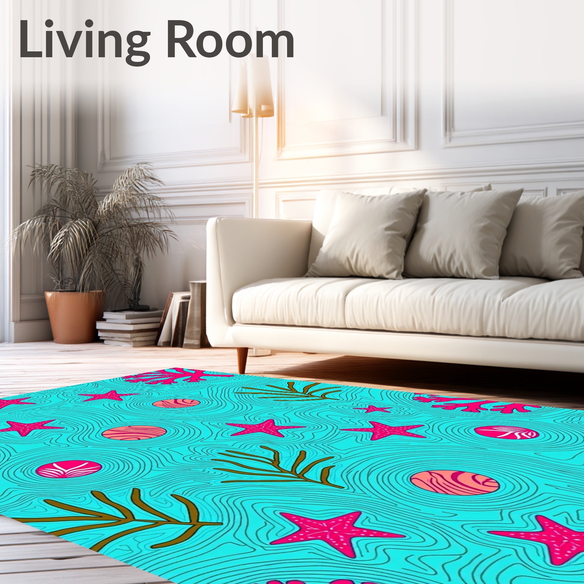 Vibrant Coral Starfish Ocean Waves Rug