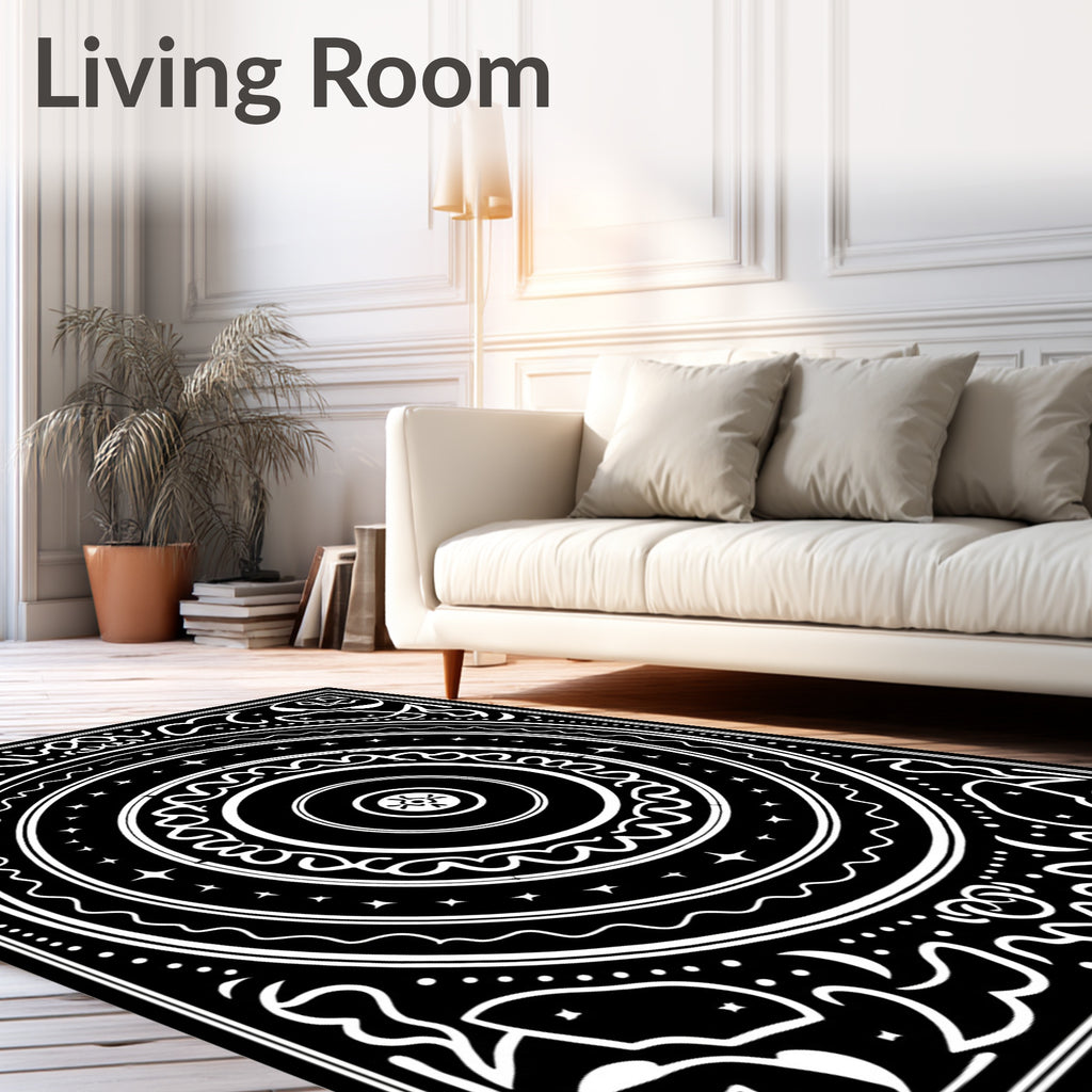 Black White Celestial Mandala Art Rug