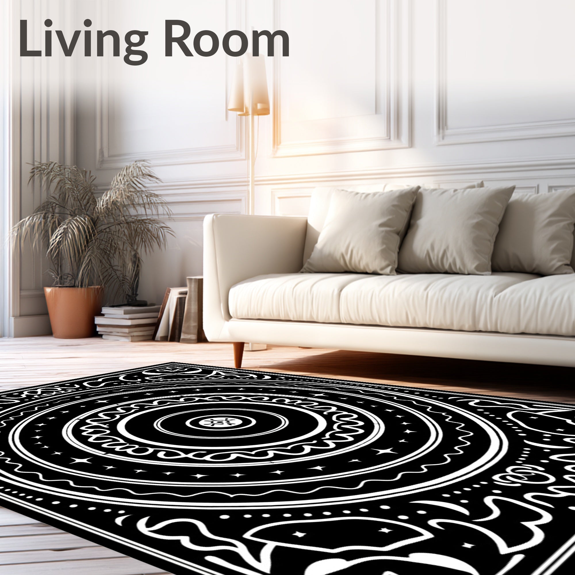 Black White Celestial Mandala Art Rug