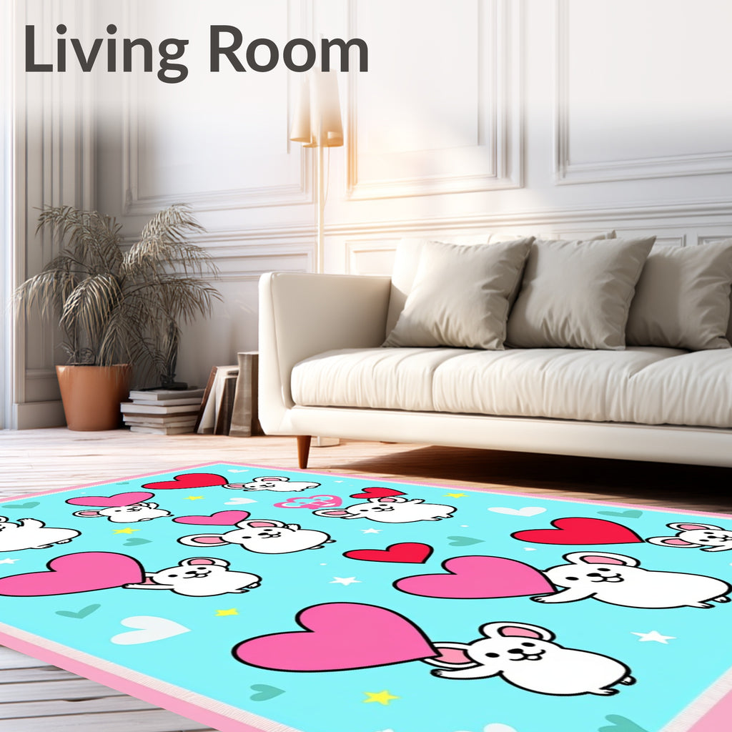 Cute Mice Hearts Aqua Fleece Throw Rug