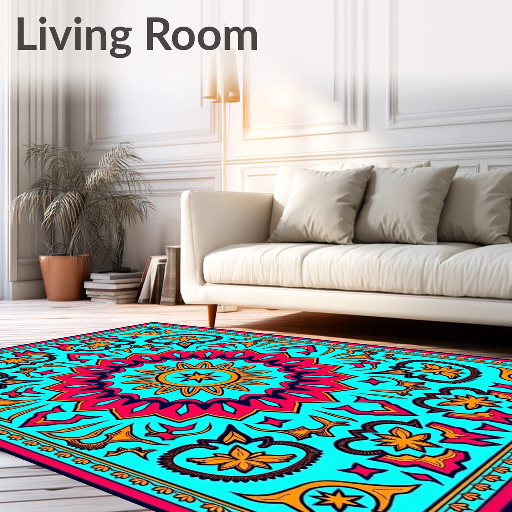 Bright Teal Pink Sunburst Medallion Rug
