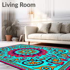 Bright Teal Pink Sunburst Medallion Rug