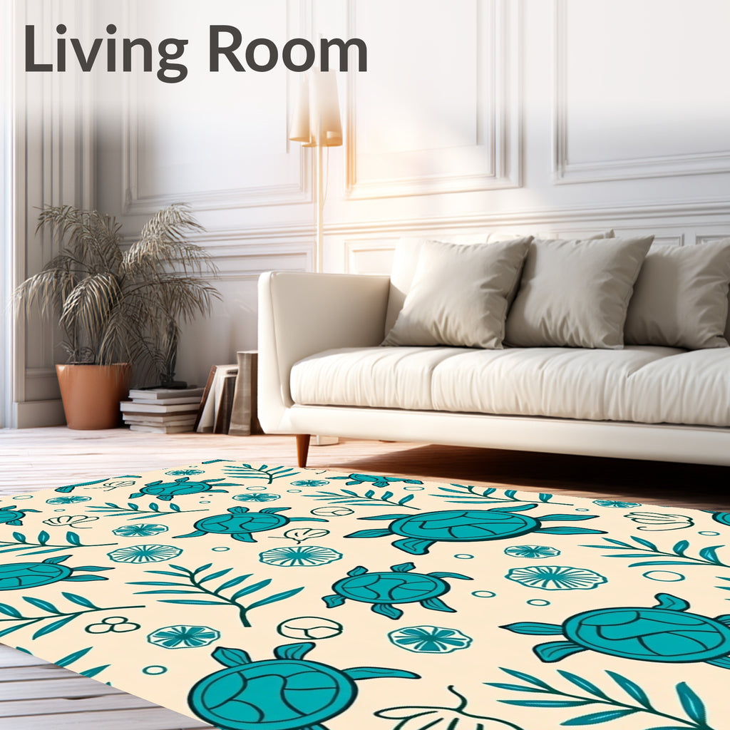 Teal Turtle Tropical Leaf Ensemble Rug