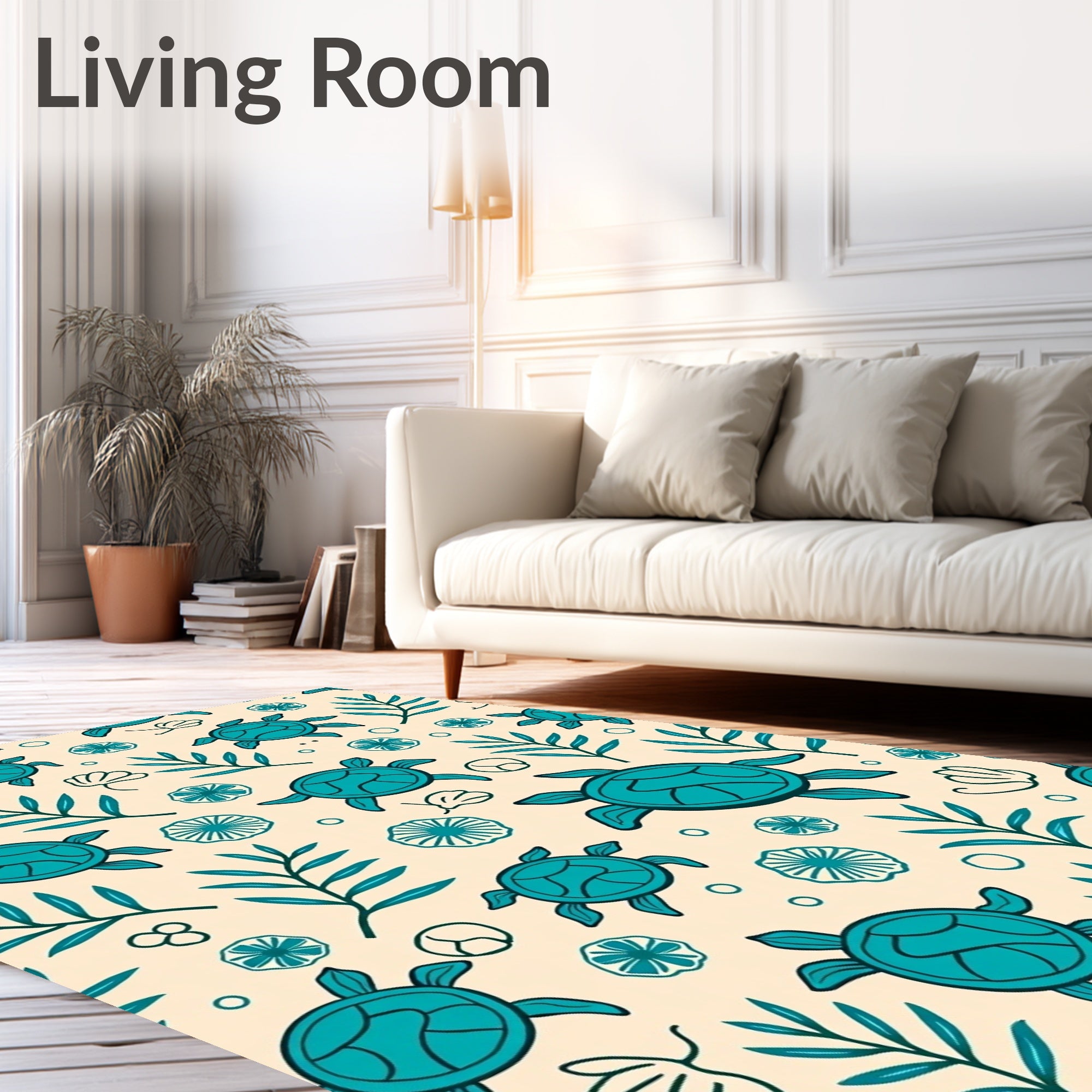 Teal Turtle Tropical Leaf Ensemble Rug