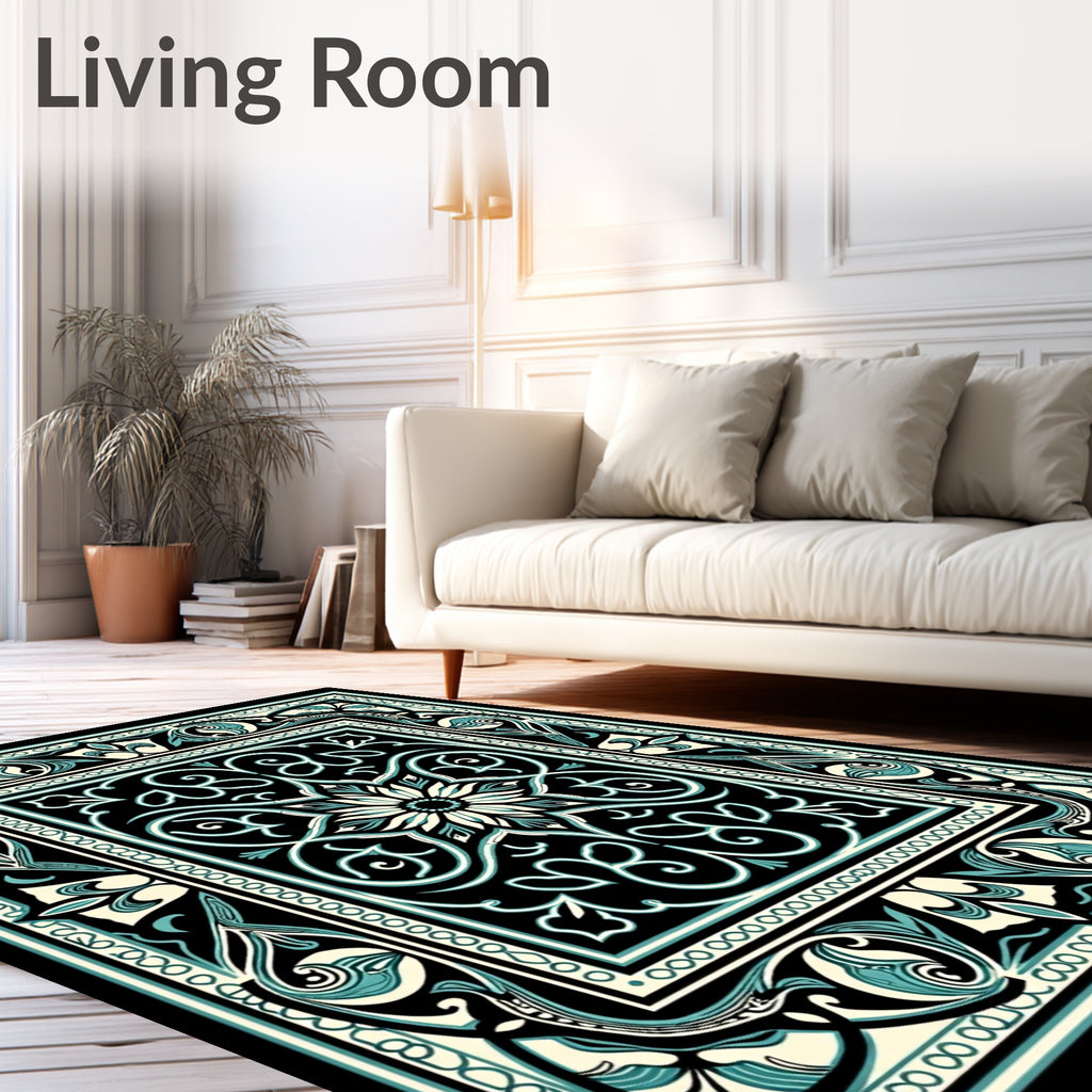 Black Teal Floral Medallion Border Rug