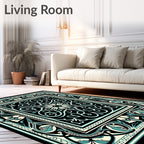 Black Teal Floral Medallion Border Rug