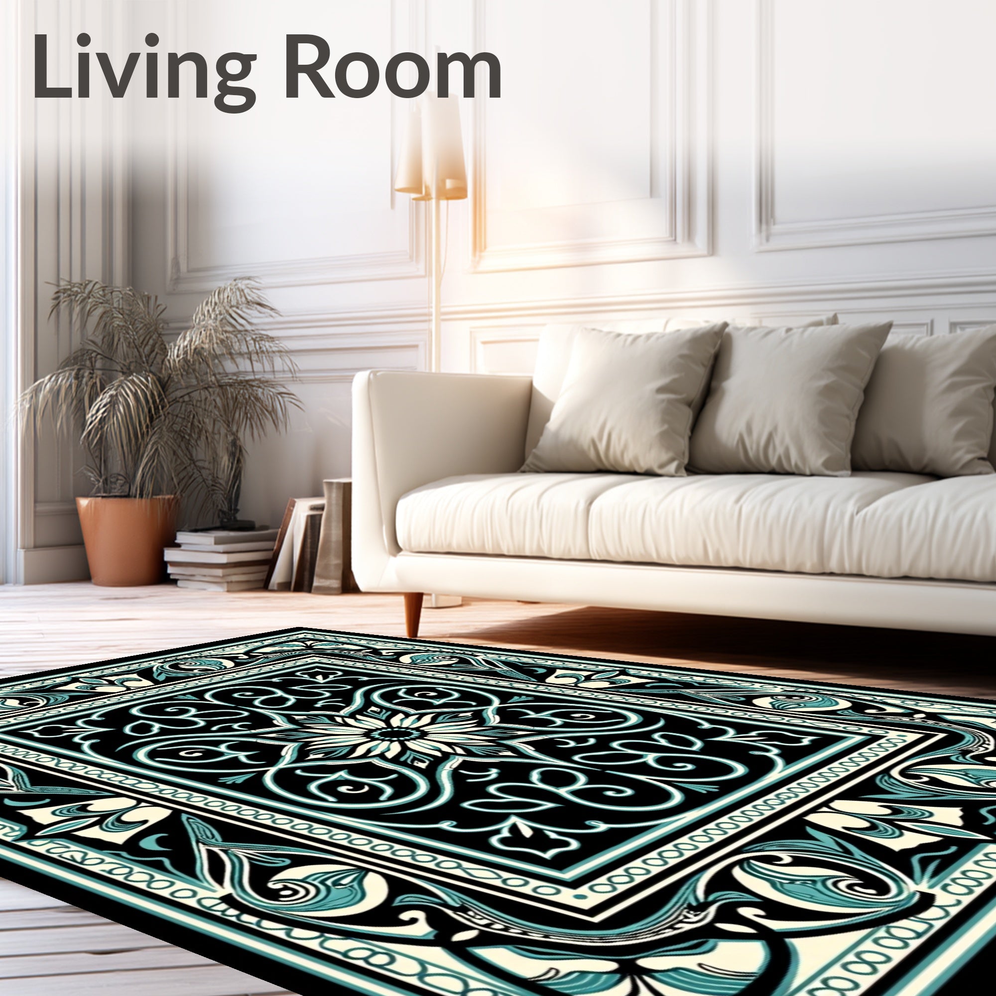 Black Teal Floral Medallion Border Rug
