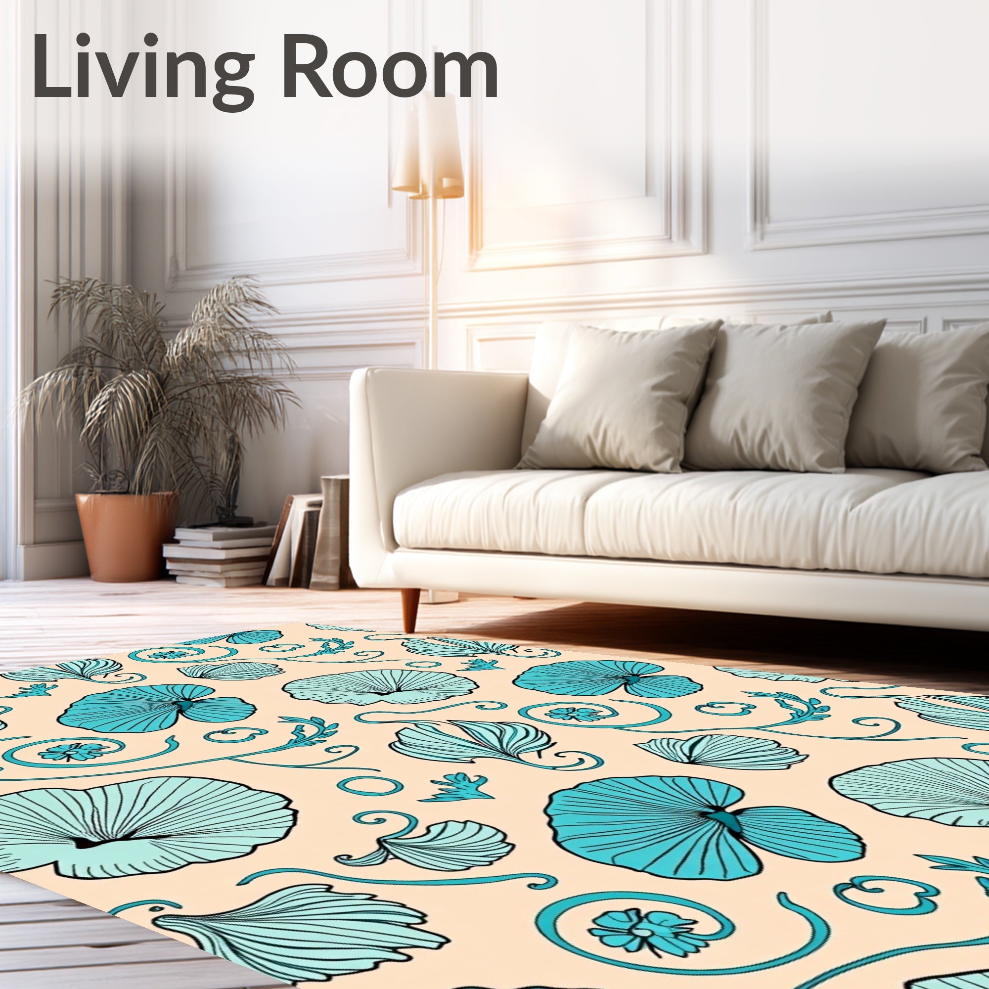 Aqua Floral Scroll Vines Rug