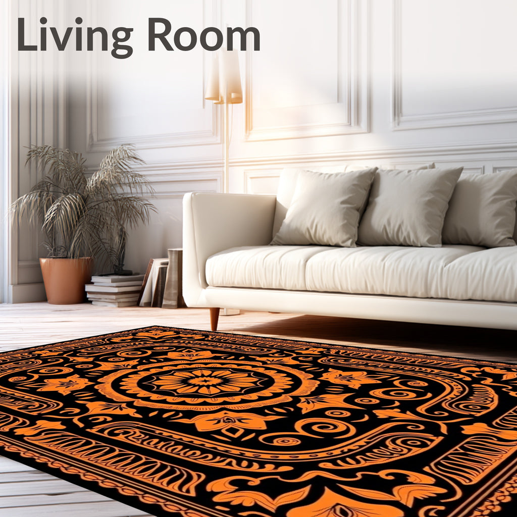 Vibrant Orange Floral Medallion Black Rug
