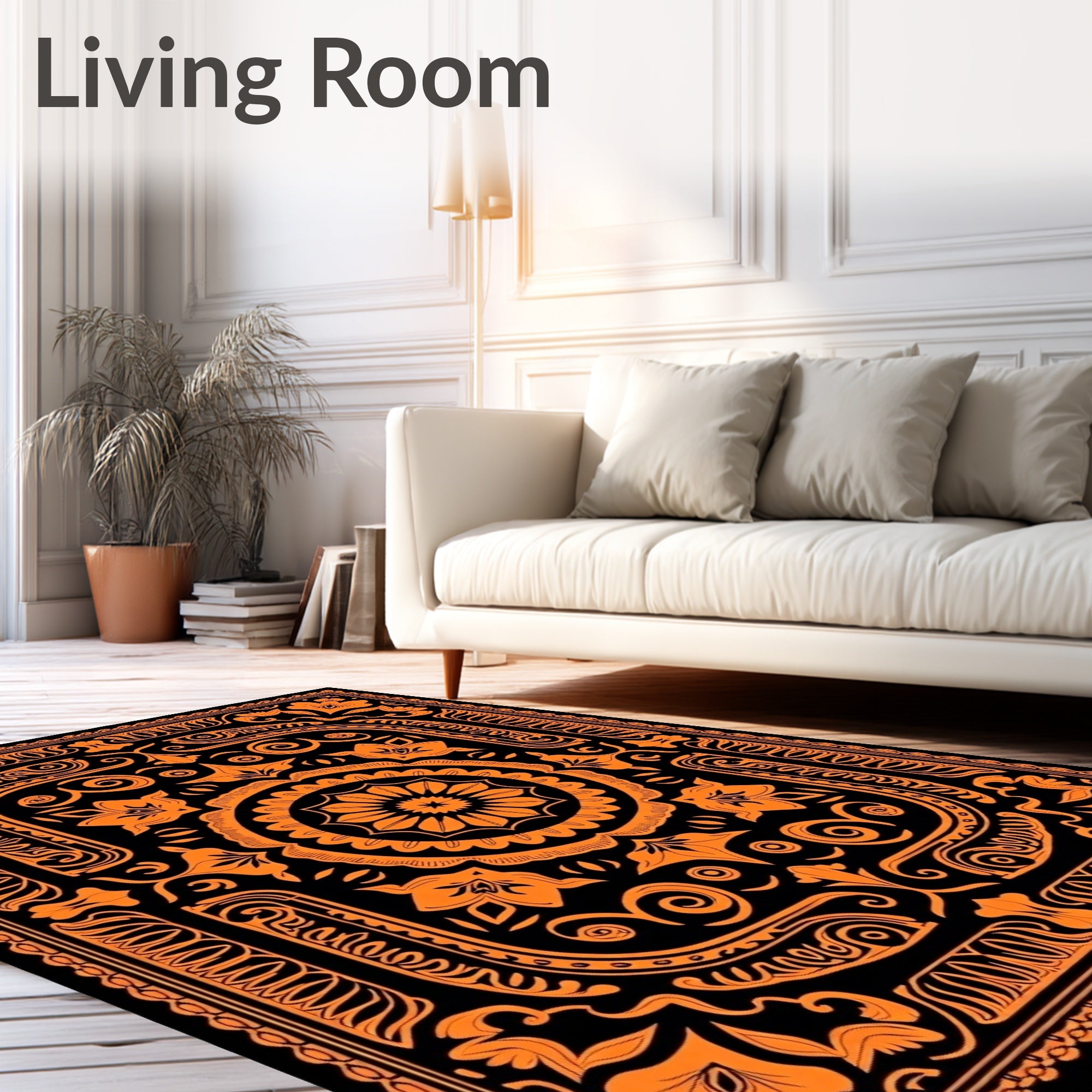 Vibrant Orange Floral Medallion Black Rug