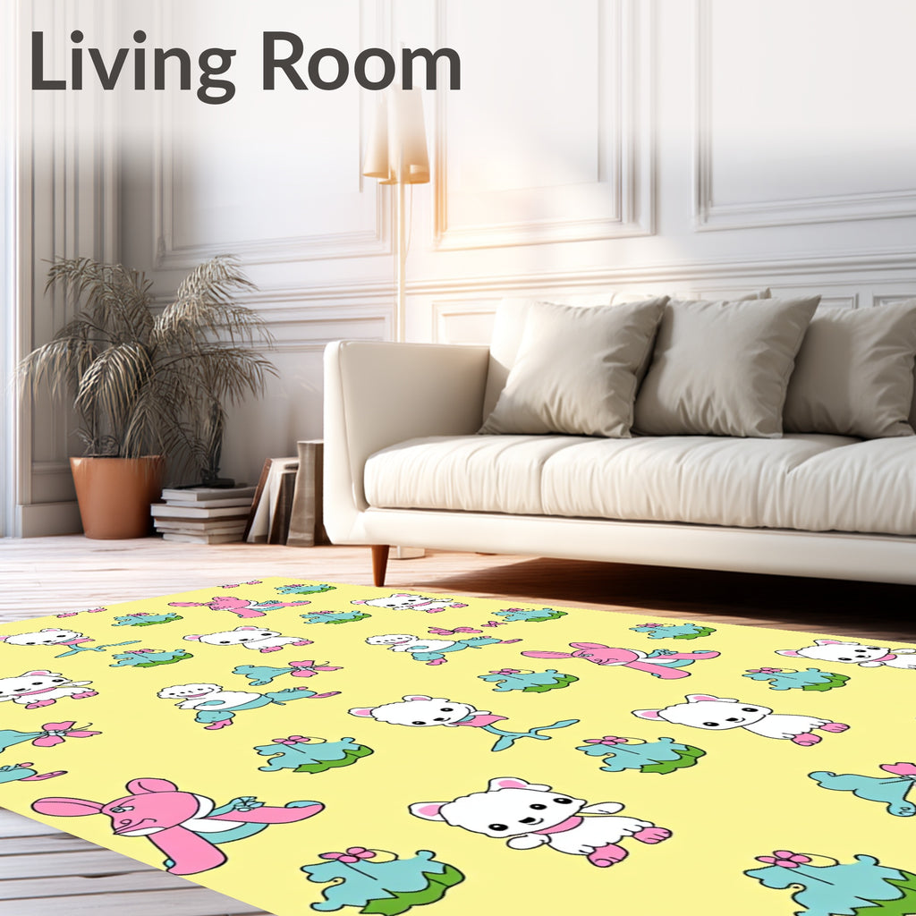 Pink White Cute Critters Yellow Background Rug