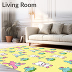 Pink White Cute Critters Yellow Background Rug