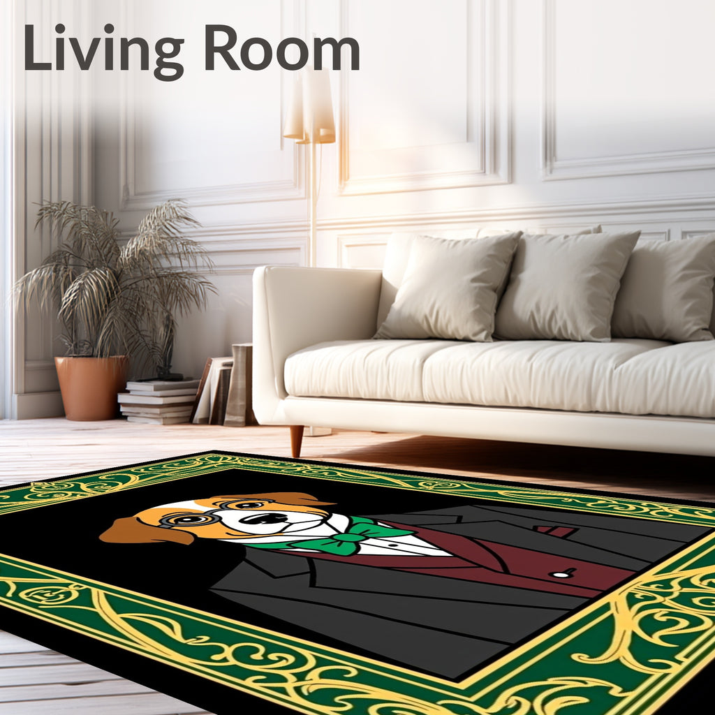 Dapper Dog Portrait Green Gold Frame Rug