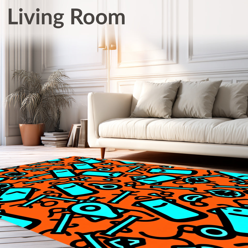 Neon Blue Abstract Shapes Orange Field Rug