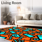 Neon Blue Abstract Shapes Orange Field Rug