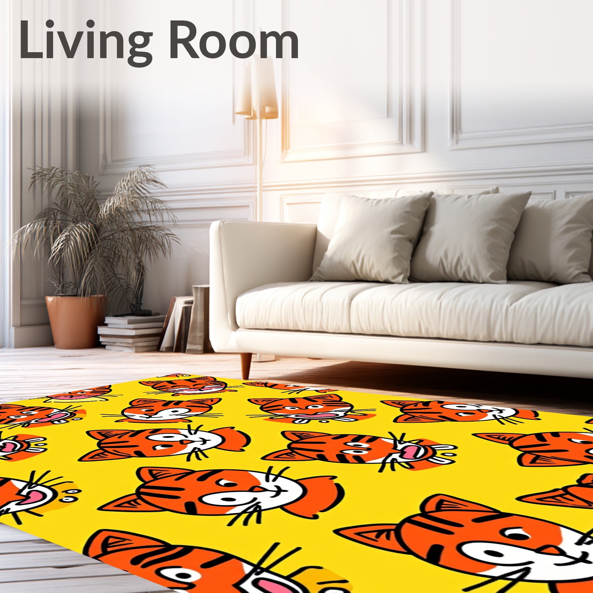 Playful Orange Tiger Faces Yellow Background Rug
