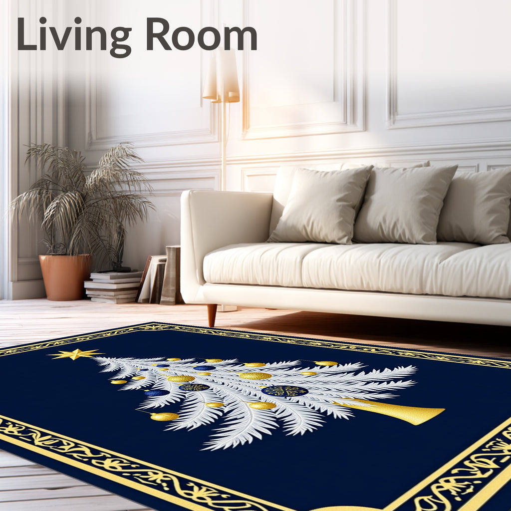 Festive White Christmas Tree Gold Ornaments Rug