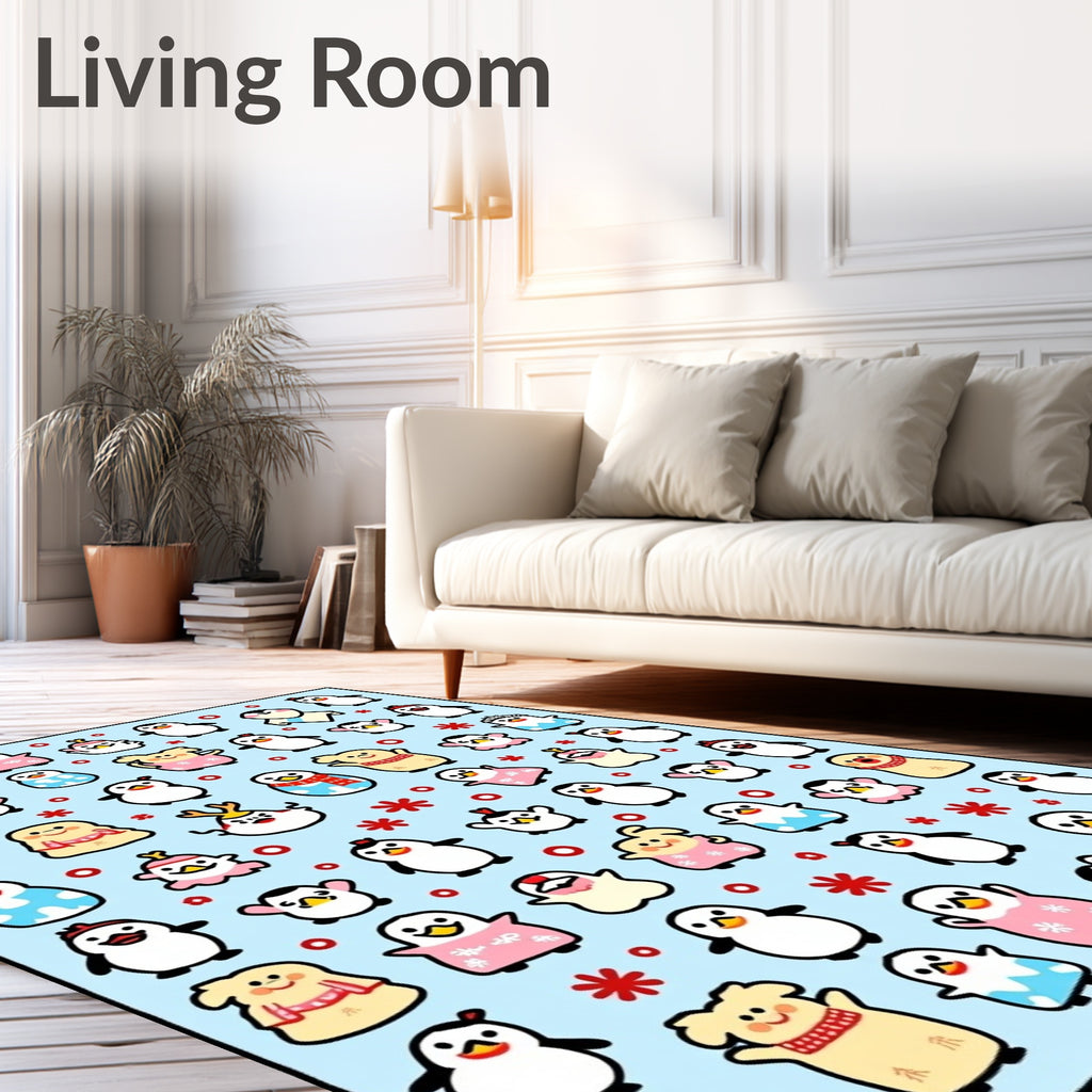 Cute Penguin Characters Light Blue Background Rug