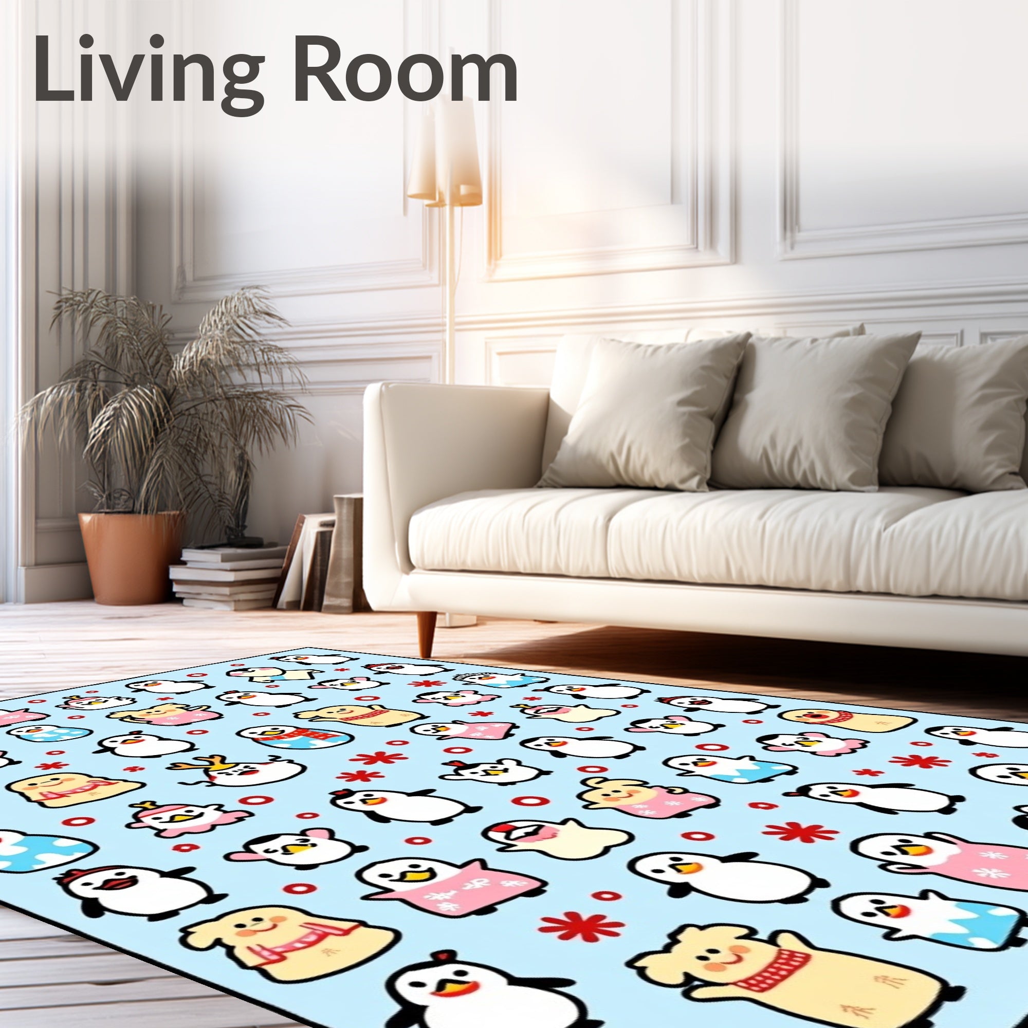 Cute Penguin Characters Light Blue Background Rug