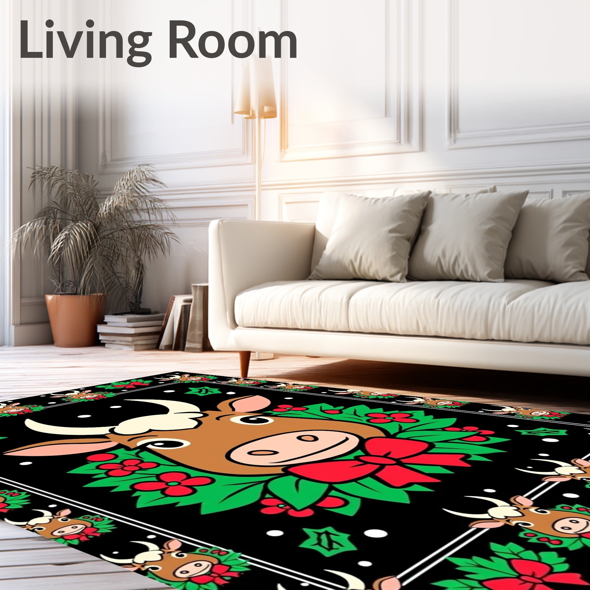 Cow Christmas Wreath Red Bow Holly Rug