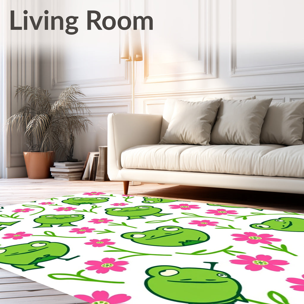 Playful Green Frogs Pink Flowers Rug